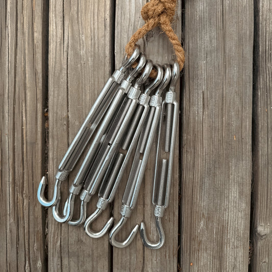 Stainless steel hook and eye turnbuckles for installing Coco Du Sol shade sails.