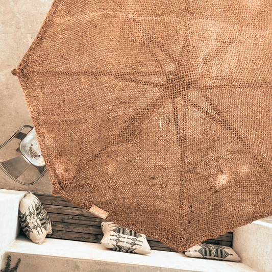 6ft Coconut Fiber Patio Umbrella — Handwoven Natural Shade with Teak Pole