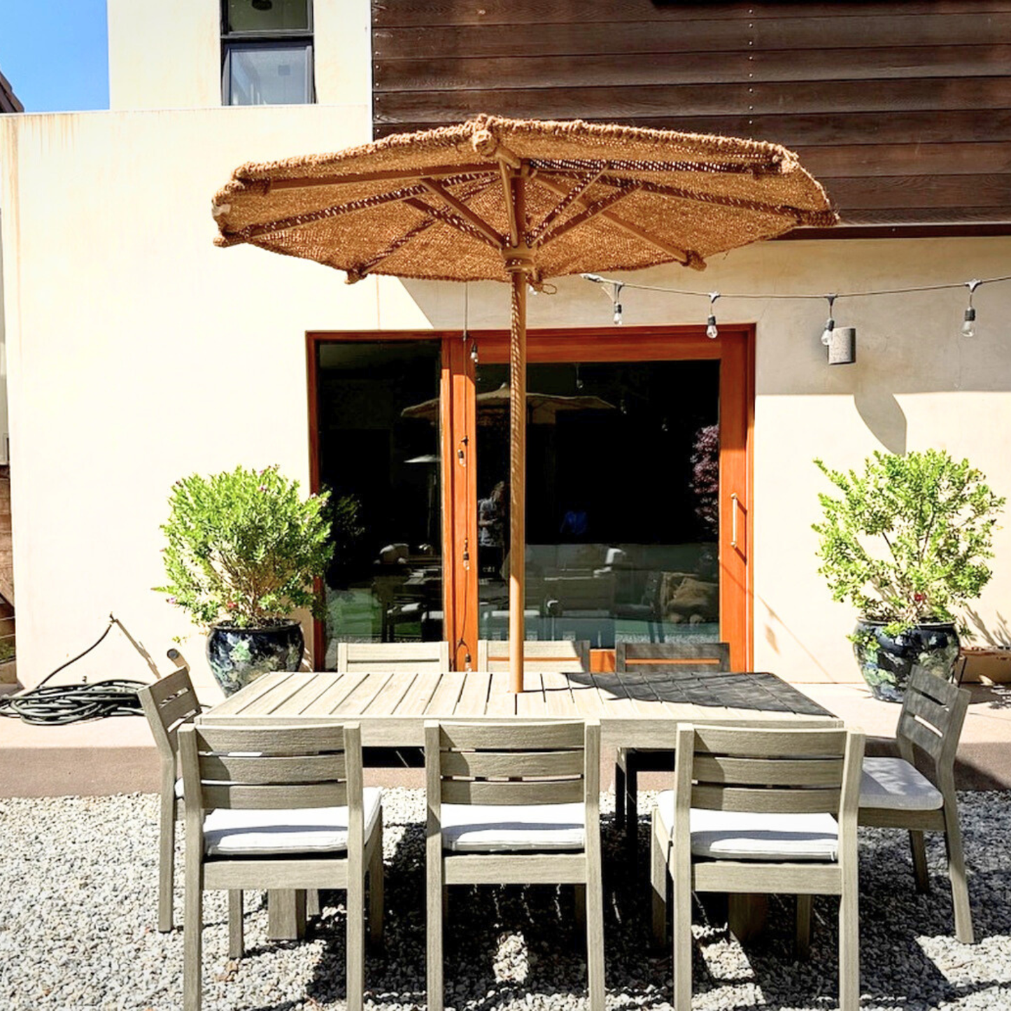 6ft Coconut Fiber Patio Umbrella — Handwoven Natural Shade with Teak Pole