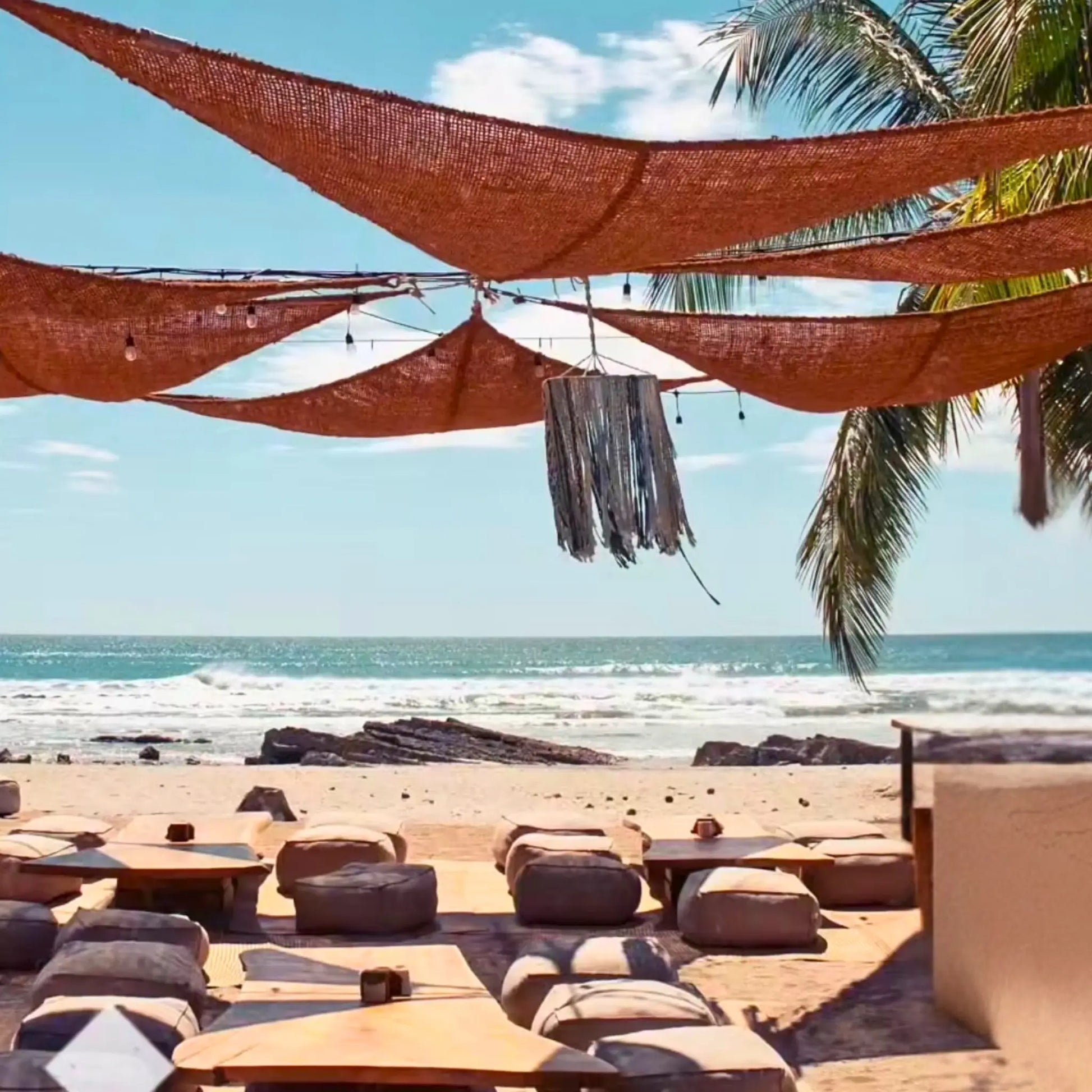 12' x 12' x 12' triangle coconut fibre shade sail natural fibers handmade artisan event beach decor boho vibes costa rica 